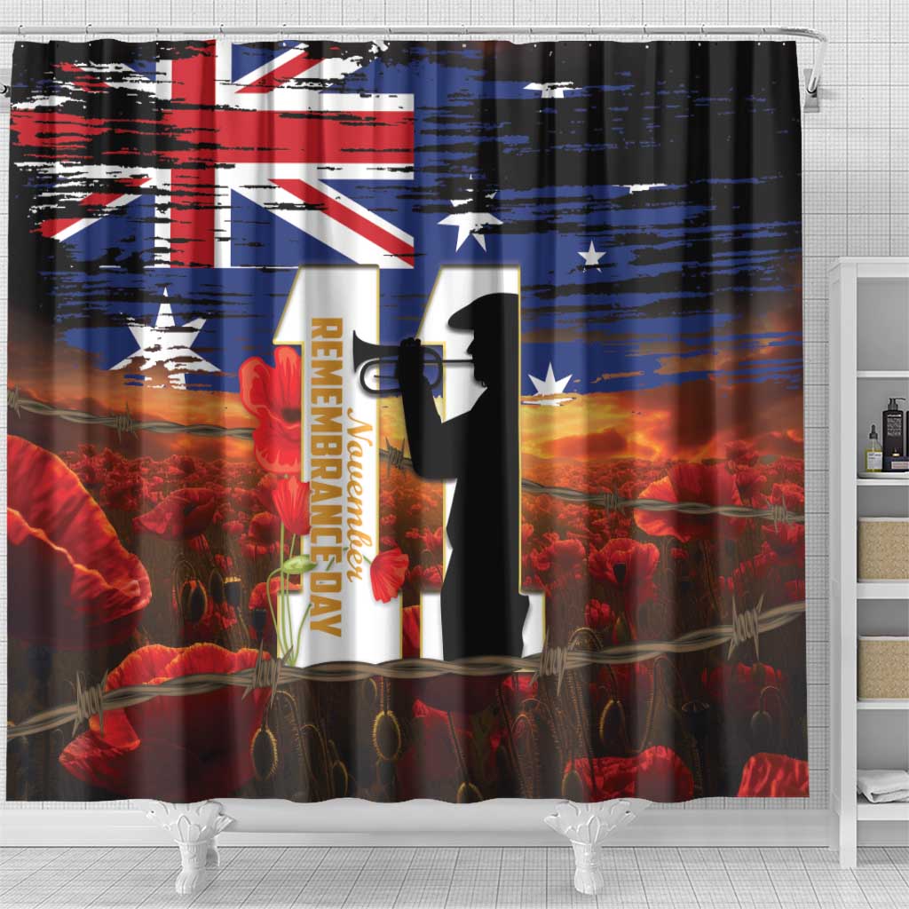 Australia Rememberance Day Shower Curtain 11 November Poppy Field With Last Post
