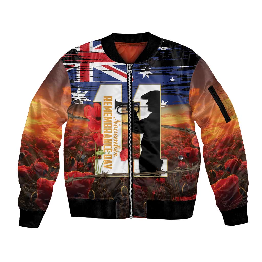 Australia Rememberance Day Sleeve Zip Bomber Jacket 11 November Poppy Field With Last Post