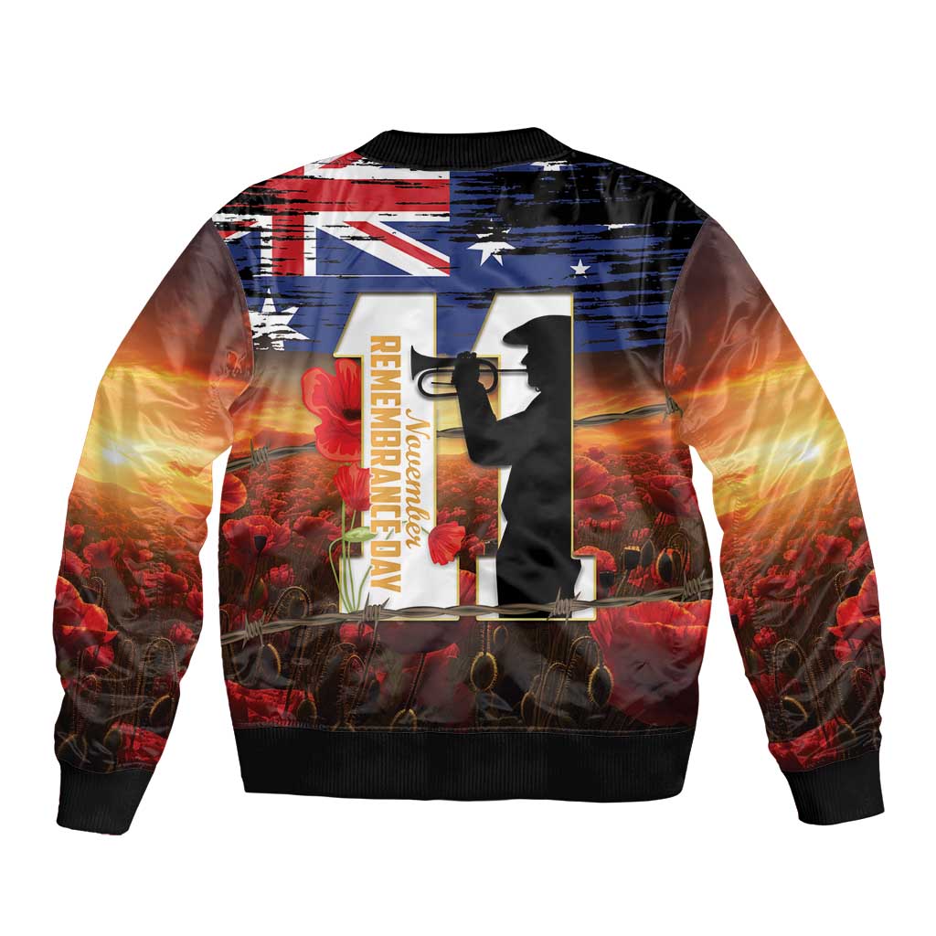 Australia Rememberance Day Sleeve Zip Bomber Jacket 11 November Poppy Field With Last Post