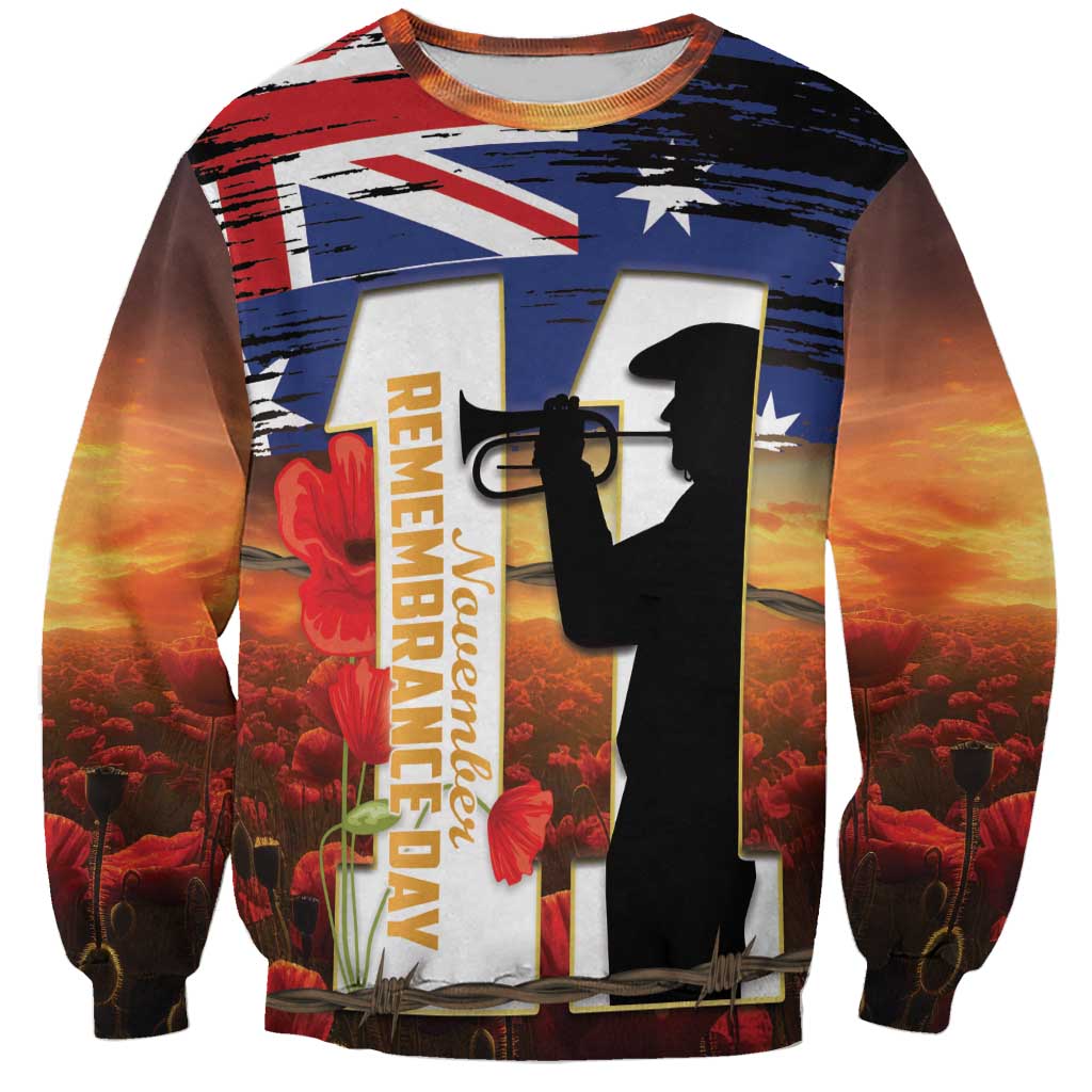 Australia Rememberance Day Sweatshirt 11 November Poppy Field With Last Post