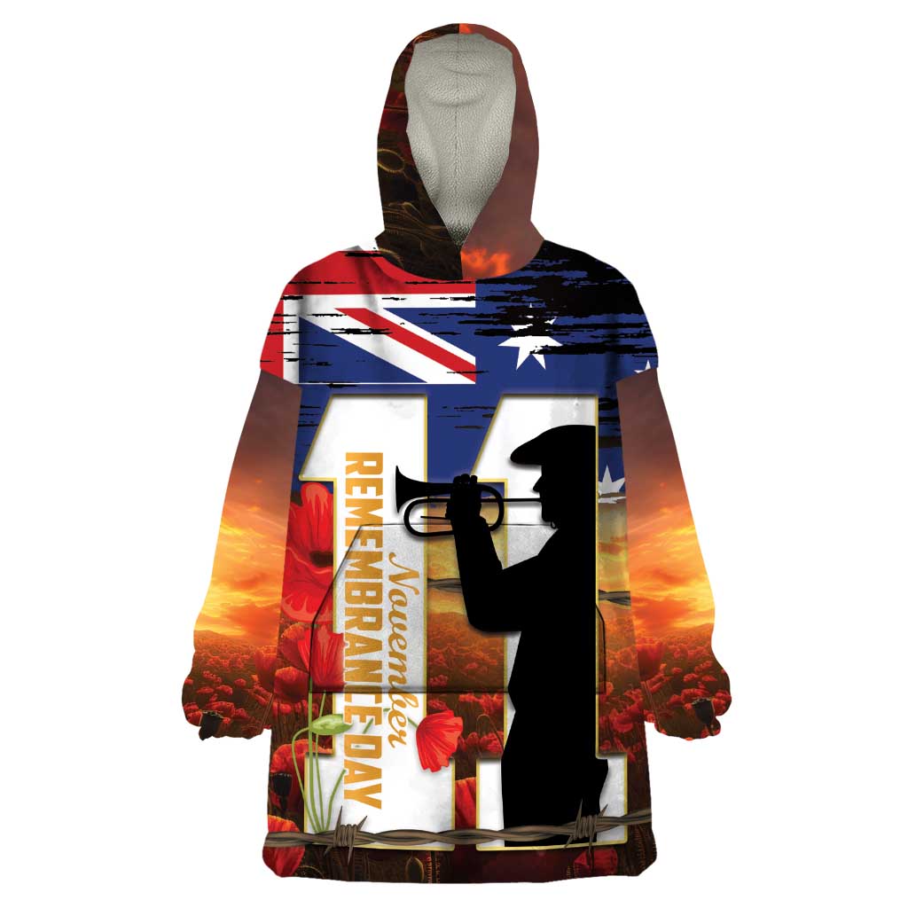 Australia Rememberance Day Wearable Blanket Hoodie 11 November Poppy Field With Last Post