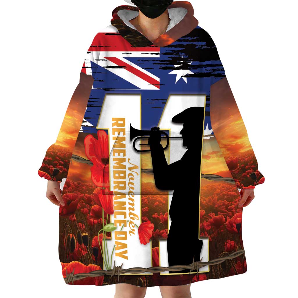 Australia Rememberance Day Wearable Blanket Hoodie 11 November Poppy Field With Last Post