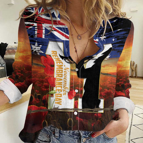 Australia Rememberance Day Women Casual Shirt 11 November Poppy Field With Last Post