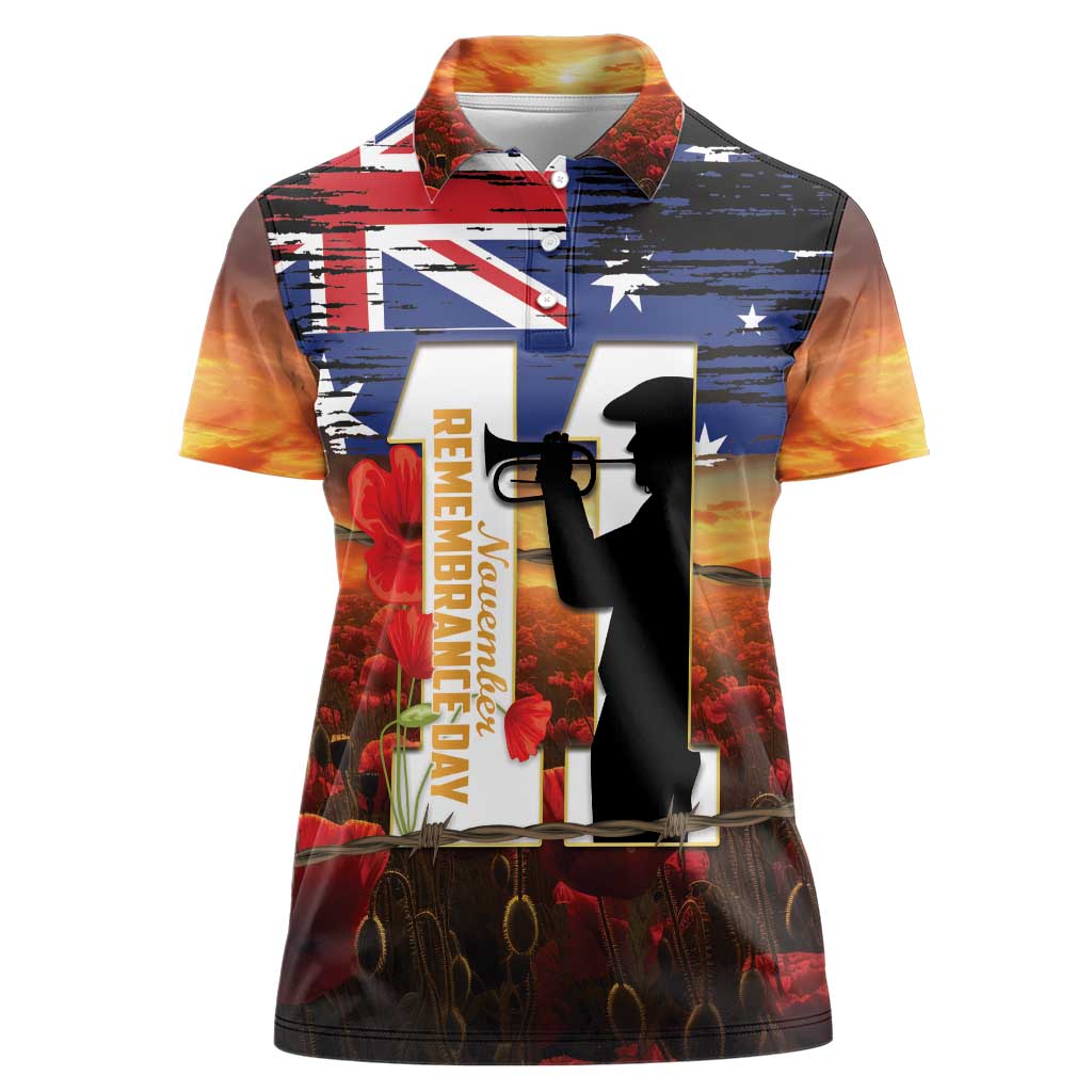 Australia Rememberance Day Women Polo Shirt 11 November Poppy Field With Last Post