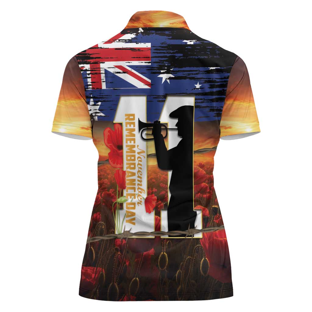Australia Rememberance Day Women Polo Shirt 11 November Poppy Field With Last Post