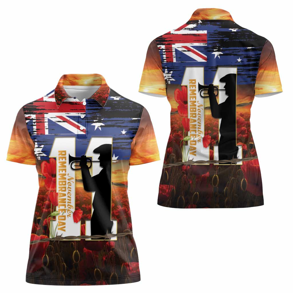 Australia Rememberance Day Women Polo Shirt 11 November Poppy Field With Last Post