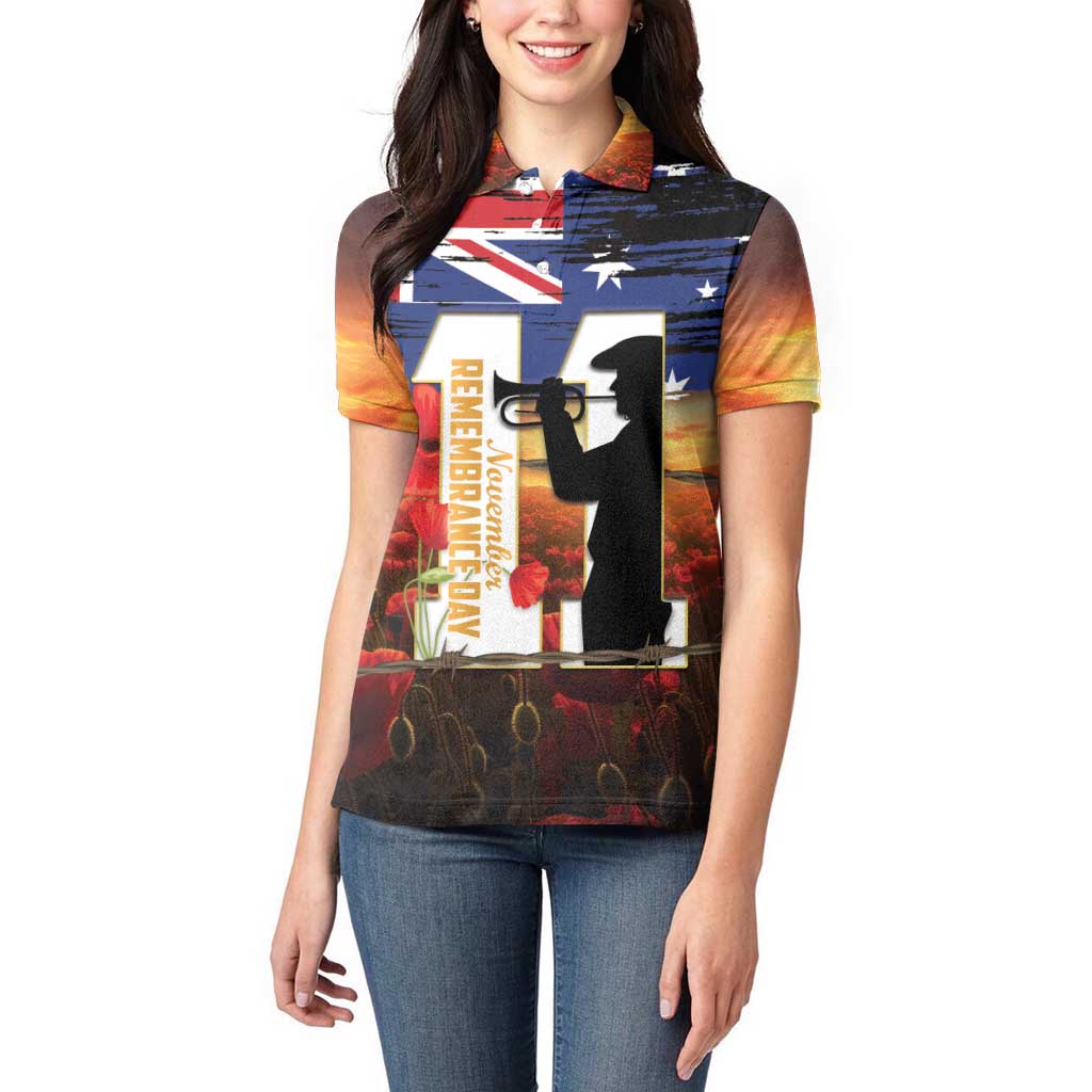 Australia Rememberance Day Women Polo Shirt 11 November Poppy Field With Last Post