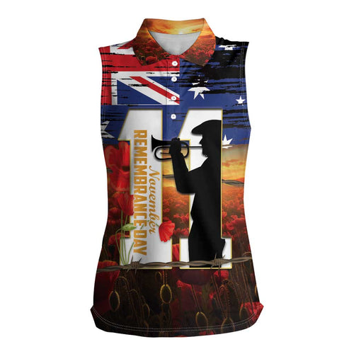 Australia Rememberance Day Women Sleeveless Polo Shirt 11 November Poppy Field With Last Post