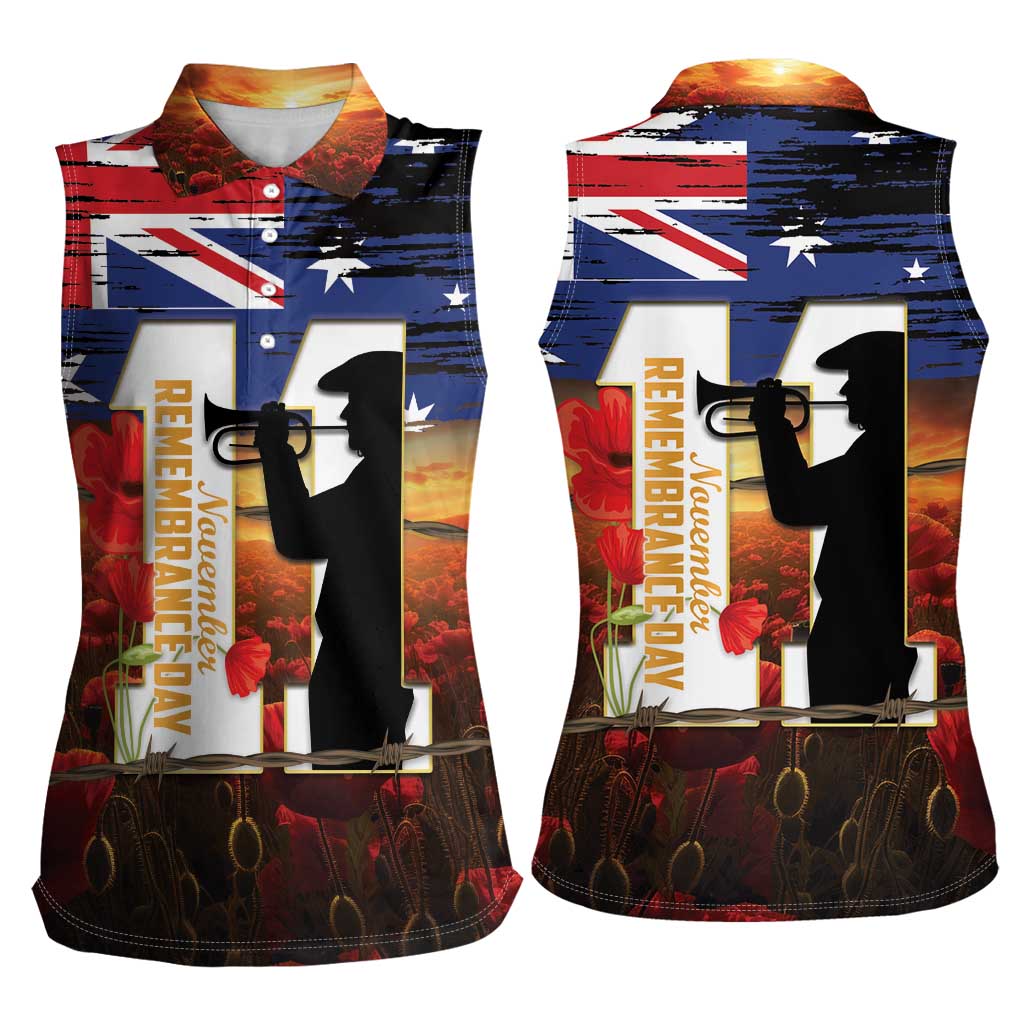 Australia Rememberance Day Women Sleeveless Polo Shirt 11 November Poppy Field With Last Post