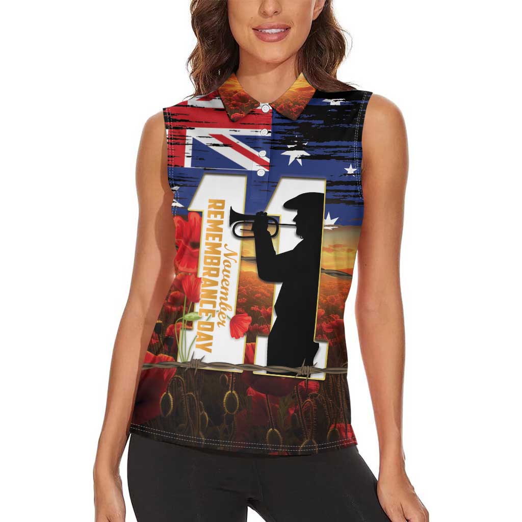 Australia Rememberance Day Women Sleeveless Polo Shirt 11 November Poppy Field With Last Post