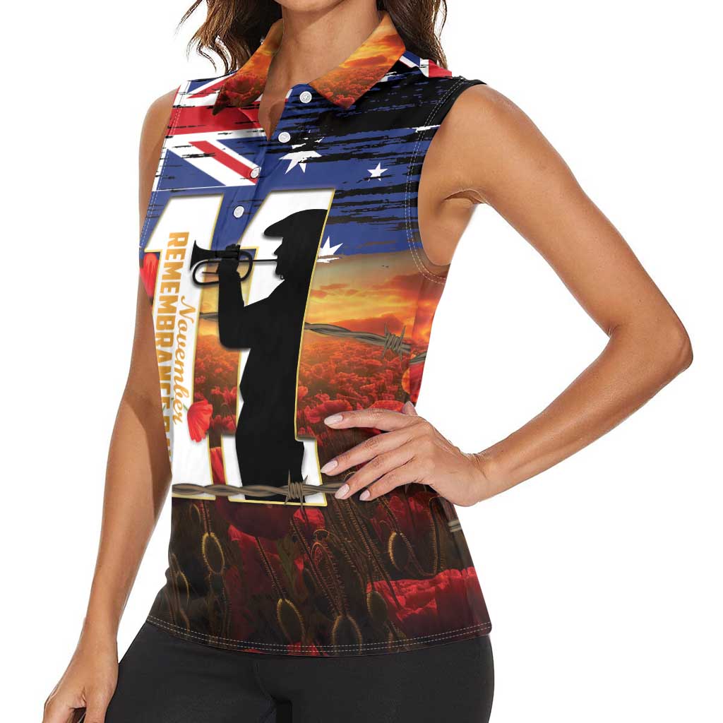 Australia Rememberance Day Women Sleeveless Polo Shirt 11 November Poppy Field With Last Post
