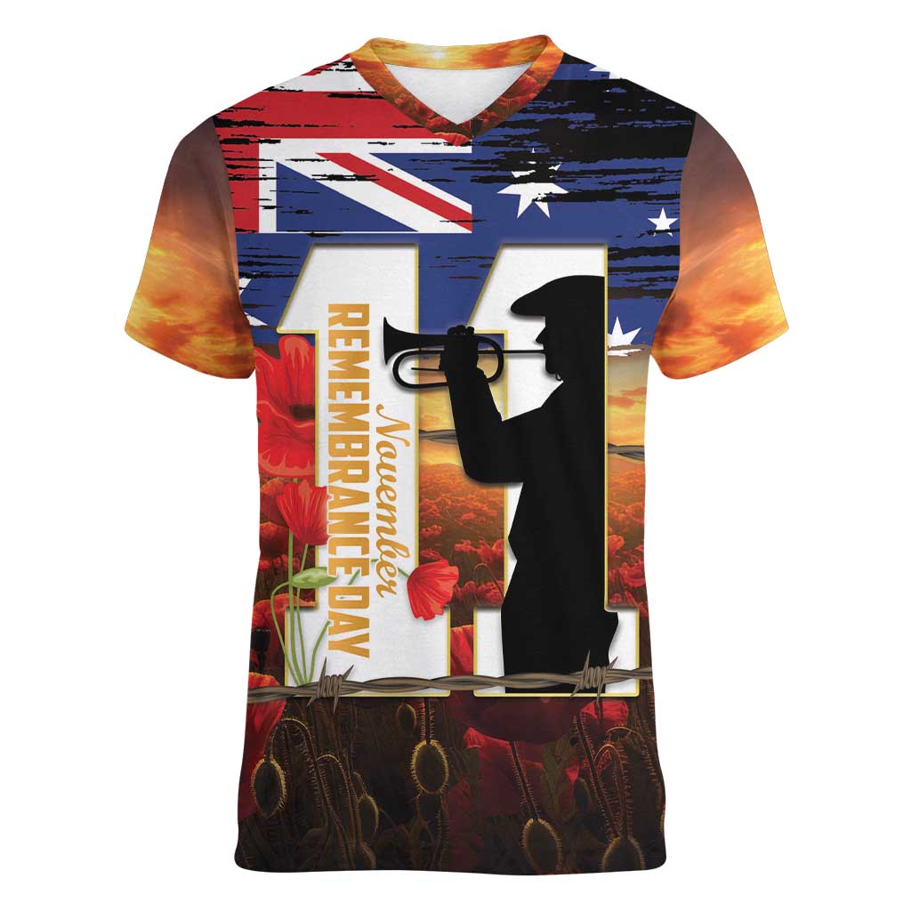 Australia Rememberance Day Women V-Neck T-Shirt 11 November Poppy Field With Last Post