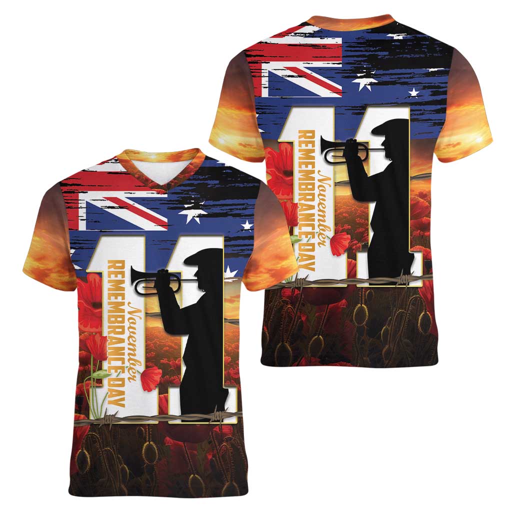 Australia Rememberance Day Women V-Neck T-Shirt 11 November Poppy Field With Last Post