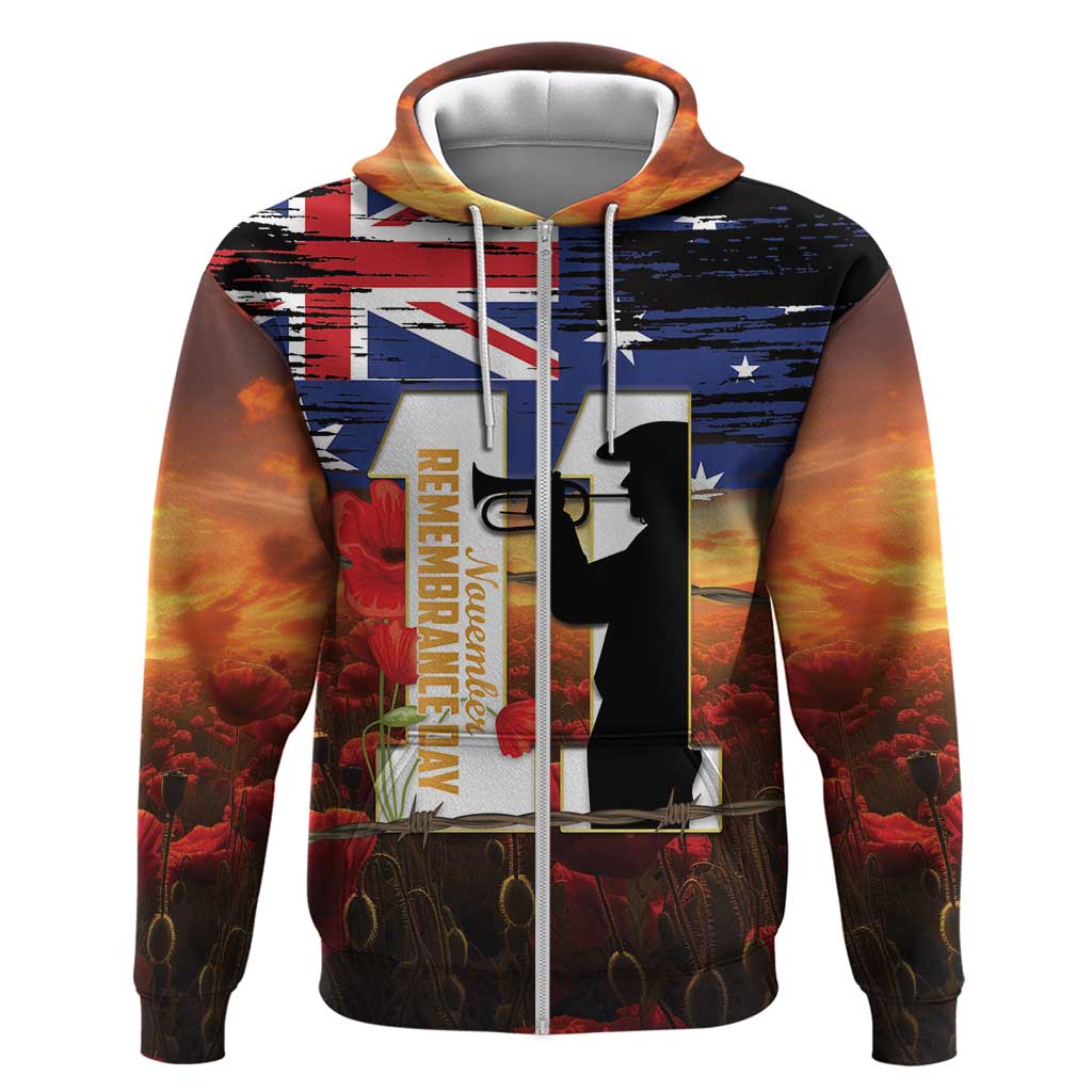 Australia Rememberance Day Zip Hoodie 11 November Poppy Field With Last Post