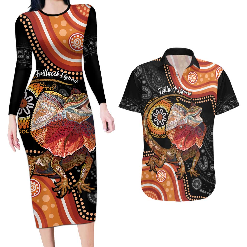 Personalised Australia Frilled Lizard Couples Matching Long Sleeve Bodycon Dress and Hawaiian Shirt Aboriginal Art