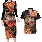 Personalised Australia Frilled Lizard Couples Matching Long Sleeve Bodycon Dress and Hawaiian Shirt Aboriginal Art