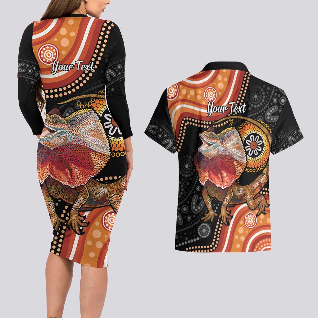 Personalised Australia Frilled Lizard Couples Matching Long Sleeve Bodycon Dress and Hawaiian Shirt Aboriginal Art