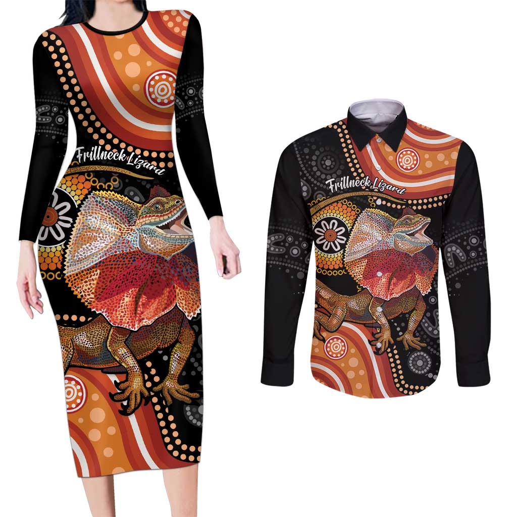 Personalised Australia Frilled Lizard Couples Matching Long Sleeve Bodycon Dress and Long Sleeve Button Shirt Aboriginal Art