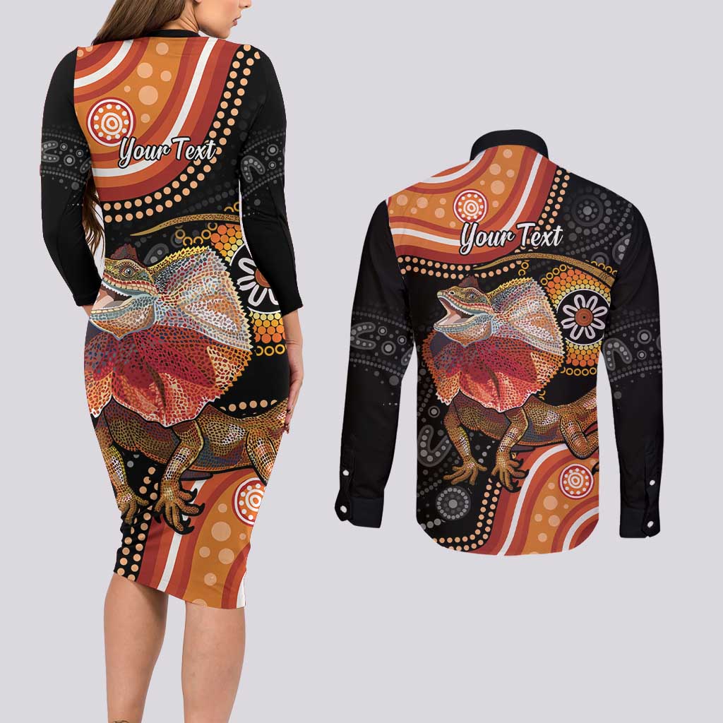 Personalised Australia Frilled Lizard Couples Matching Long Sleeve Bodycon Dress and Long Sleeve Button Shirt Aboriginal Art