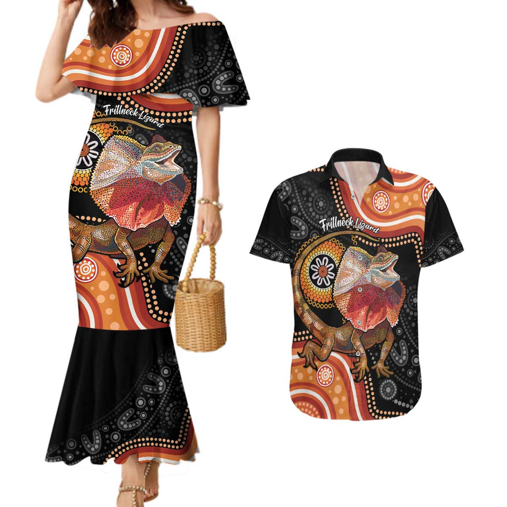 Personalised Australia Frilled Lizard Couples Matching Mermaid Dress and Hawaiian Shirt Aboriginal Art