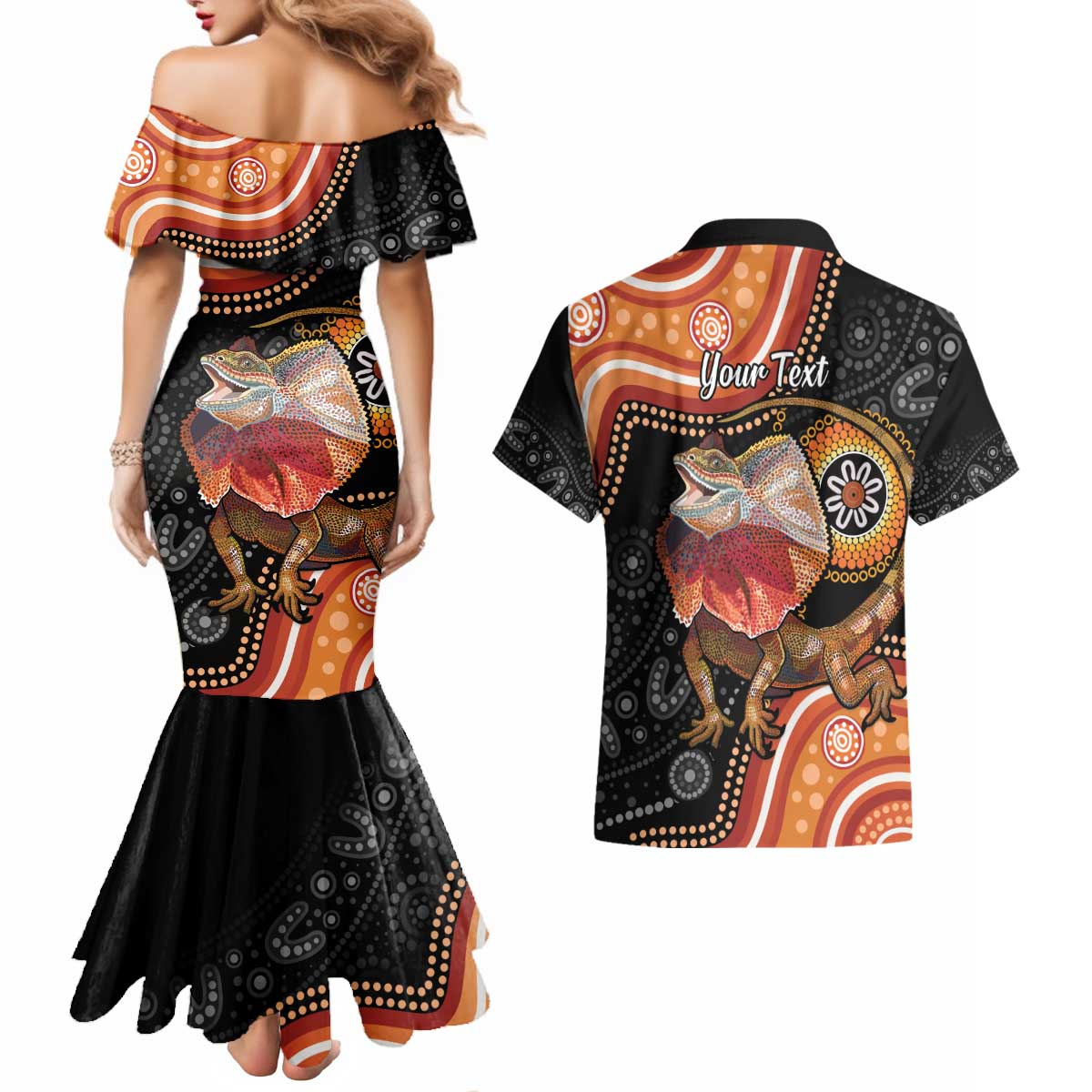 Personalised Australia Frilled Lizard Couples Matching Mermaid Dress and Hawaiian Shirt Aboriginal Art