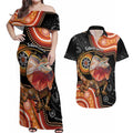 Personalised Australia Frilled Lizard Couples Matching Off Shoulder Maxi Dress and Hawaiian Shirt Aboriginal Art