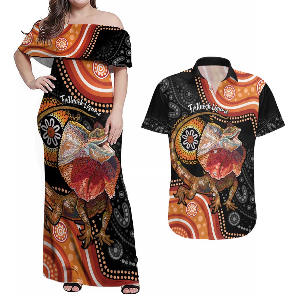 Personalised Australia Frilled Lizard Couples Matching Off Shoulder Maxi Dress and Hawaiian Shirt Aboriginal Art