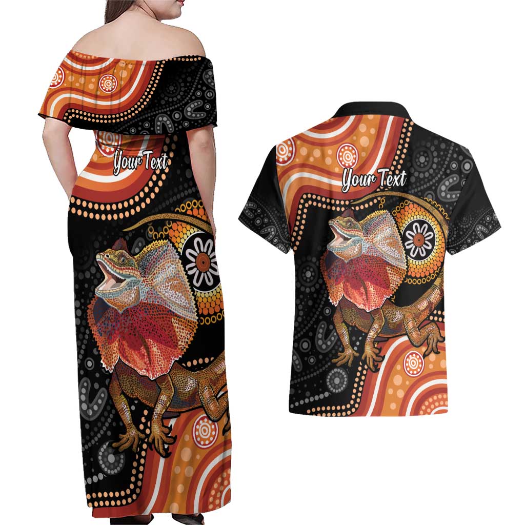 Personalised Australia Frilled Lizard Couples Matching Off Shoulder Maxi Dress and Hawaiian Shirt Aboriginal Art