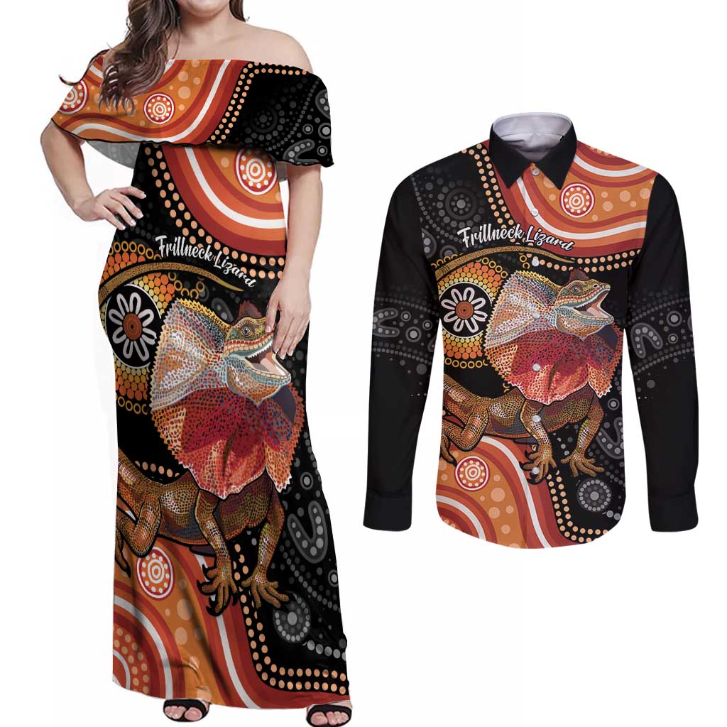 Personalised Australia Frilled Lizard Couples Matching Off Shoulder Maxi Dress and Long Sleeve Button Shirt Aboriginal Art
