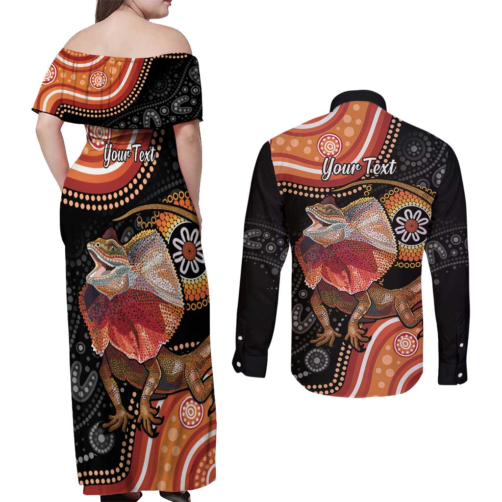 Personalised Australia Frilled Lizard Couples Matching Off Shoulder Maxi Dress and Long Sleeve Button Shirt Aboriginal Art