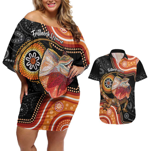 Personalised Australia Frilled Lizard Couples Matching Off Shoulder Short Dress and Hawaiian Shirt Aboriginal Art