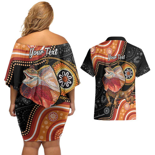 Personalised Australia Frilled Lizard Couples Matching Off Shoulder Short Dress and Hawaiian Shirt Aboriginal Art