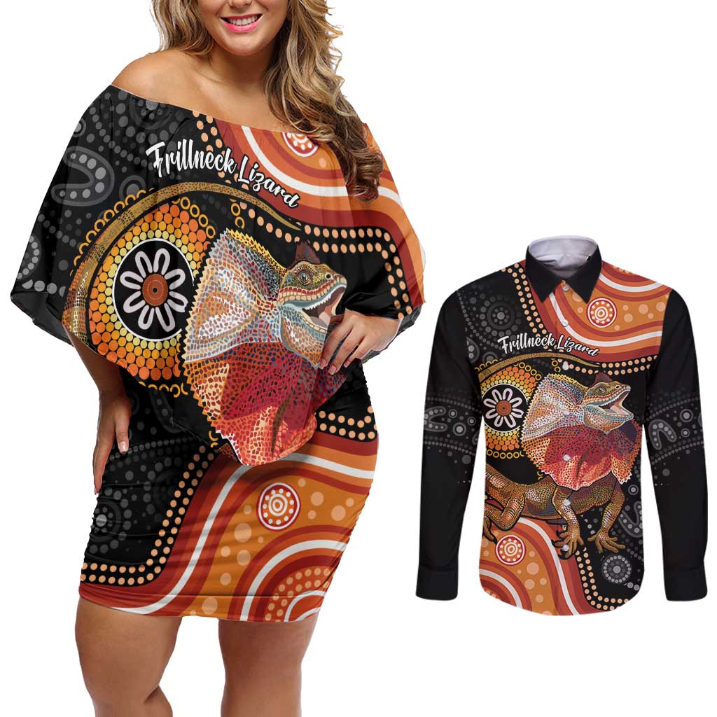 Personalised Australia Frilled Lizard Couples Matching Off Shoulder Short Dress and Long Sleeve Button Shirt Aboriginal Art