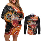 Personalised Australia Frilled Lizard Couples Matching Off Shoulder Short Dress and Long Sleeve Button Shirt Aboriginal Art