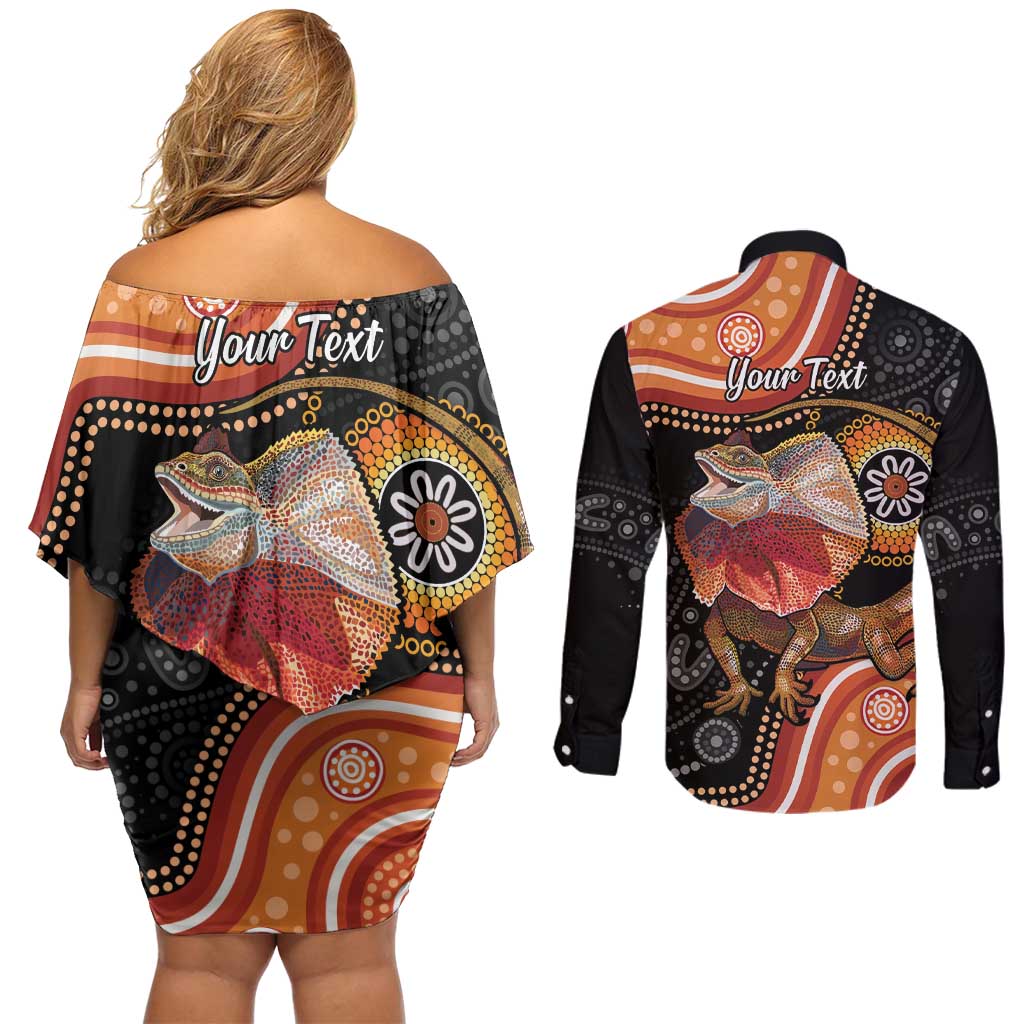 Personalised Australia Frilled Lizard Couples Matching Off Shoulder Short Dress and Long Sleeve Button Shirt Aboriginal Art