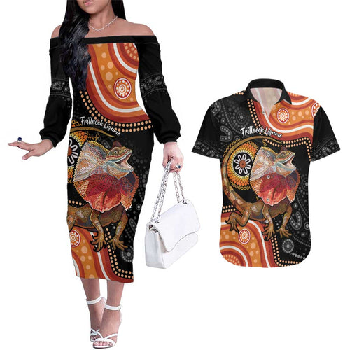 Personalised Australia Frilled Lizard Couples Matching Off The Shoulder Long Sleeve Dress and Hawaiian Shirt Aboriginal Art