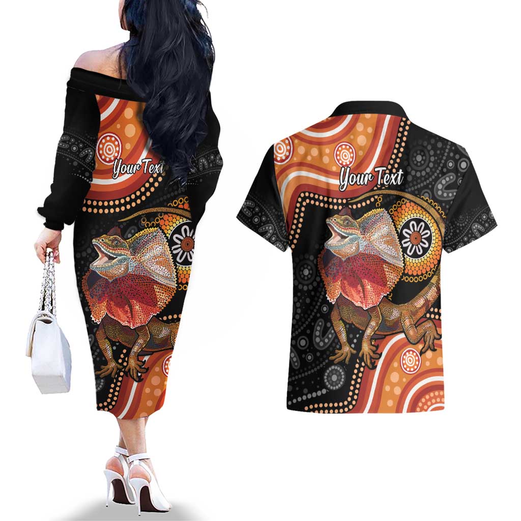 Personalised Australia Frilled Lizard Couples Matching Off The Shoulder Long Sleeve Dress and Hawaiian Shirt Aboriginal Art