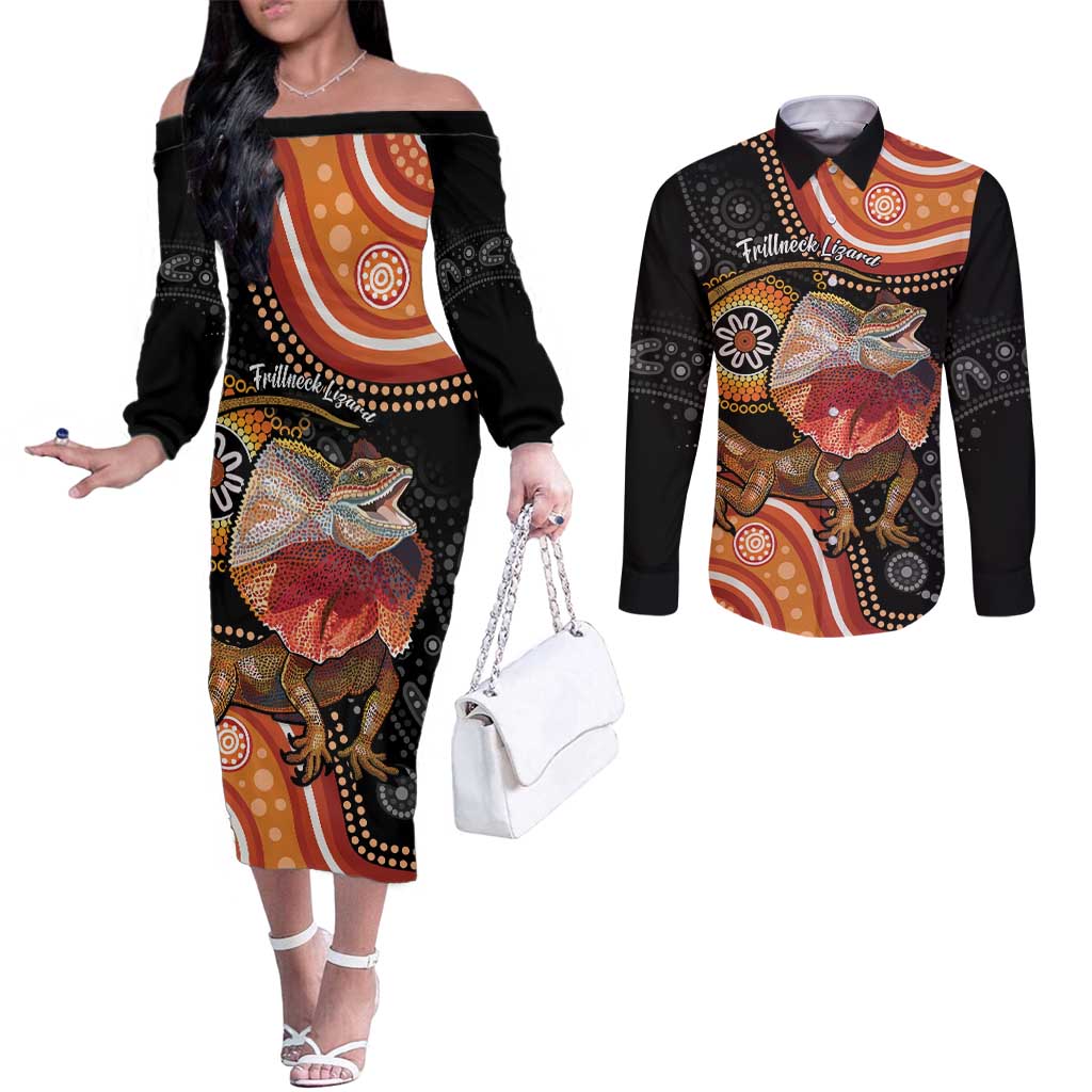 Personalised Australia Frilled Lizard Couples Matching Off The Shoulder Long Sleeve Dress and Long Sleeve Button Shirt Aboriginal Art