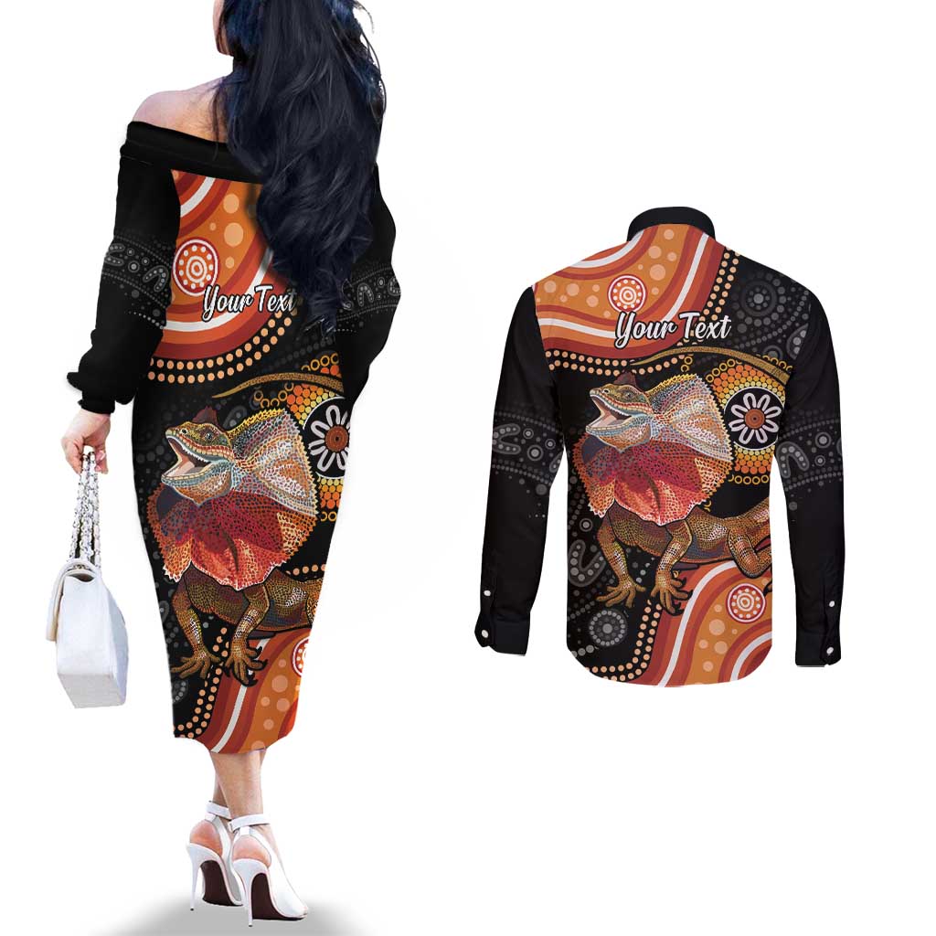 Personalised Australia Frilled Lizard Couples Matching Off The Shoulder Long Sleeve Dress and Long Sleeve Button Shirt Aboriginal Art