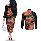 Personalised Australia Frilled Lizard Couples Matching Off The Shoulder Long Sleeve Dress and Long Sleeve Button Shirt Aboriginal Art