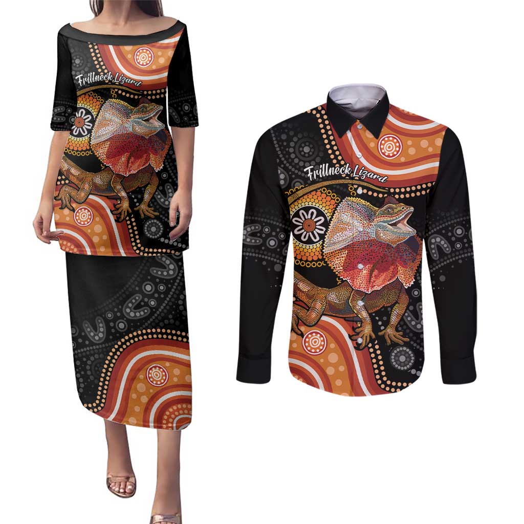 Personalised Australia Frilled Lizard Couples Matching Puletasi and Long Sleeve Button Shirt Aboriginal Art