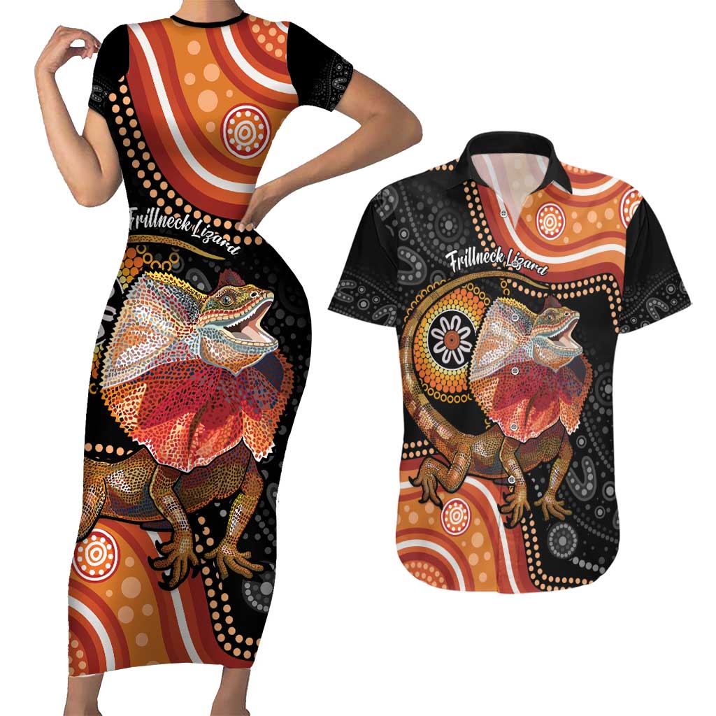 Personalised Australia Frilled Lizard Couples Matching Short Sleeve Bodycon Dress and Hawaiian Shirt Aboriginal Art