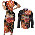 Personalised Australia Frilled Lizard Couples Matching Short Sleeve Bodycon Dress and Long Sleeve Button Shirt Aboriginal Art