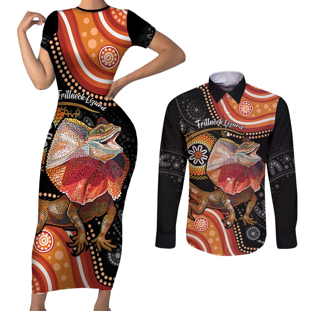 Personalised Australia Frilled Lizard Couples Matching Short Sleeve Bodycon Dress and Long Sleeve Button Shirt Aboriginal Art