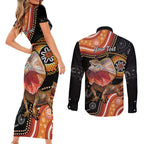 Personalised Australia Frilled Lizard Couples Matching Short Sleeve Bodycon Dress and Long Sleeve Button Shirt Aboriginal Art