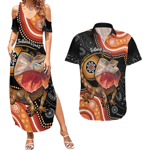Personalised Australia Frilled Lizard Couples Matching Summer Maxi Dress and Hawaiian Shirt Aboriginal Art