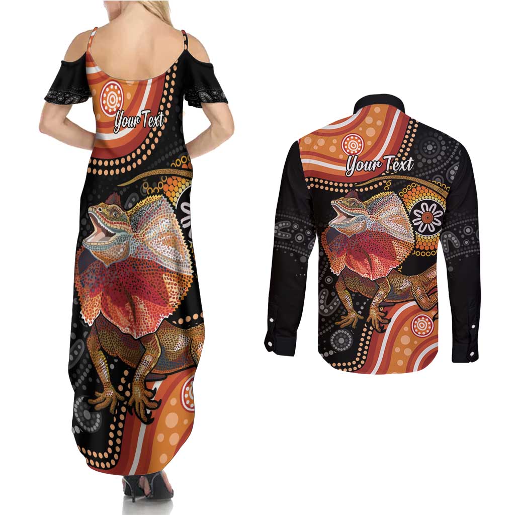 Personalised Australia Frilled Lizard Couples Matching Summer Maxi Dress and Long Sleeve Button Shirt Aboriginal Art
