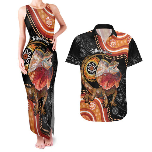Personalised Australia Frilled Lizard Couples Matching Tank Maxi Dress and Hawaiian Shirt Aboriginal Art