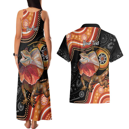 Personalised Australia Frilled Lizard Couples Matching Tank Maxi Dress and Hawaiian Shirt Aboriginal Art