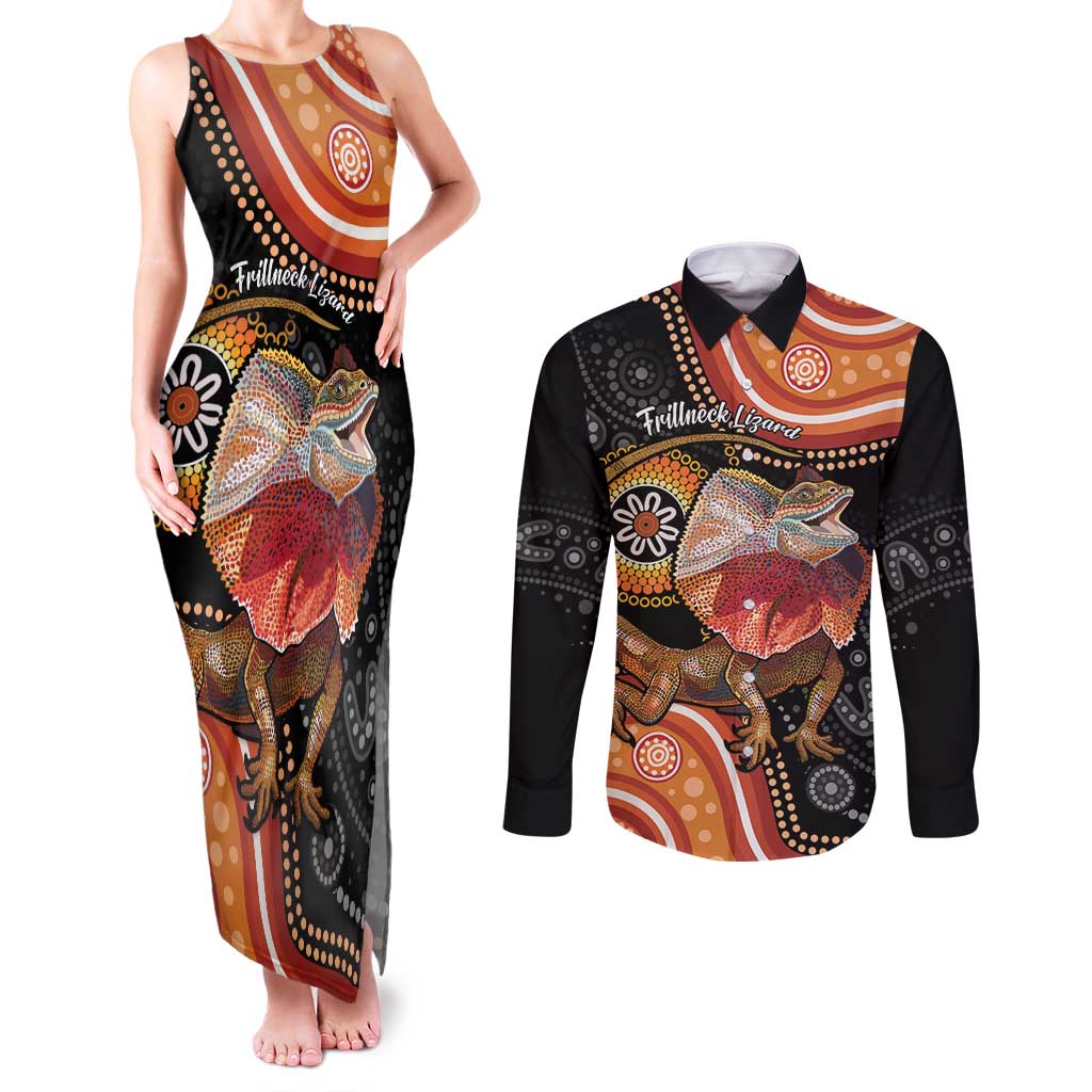 Personalised Australia Frilled Lizard Couples Matching Tank Maxi Dress and Long Sleeve Button Shirt Aboriginal Art